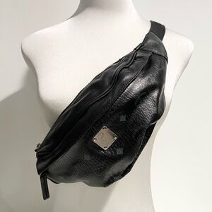 MCM Black Leather Fanny Crossbody Bum Bag